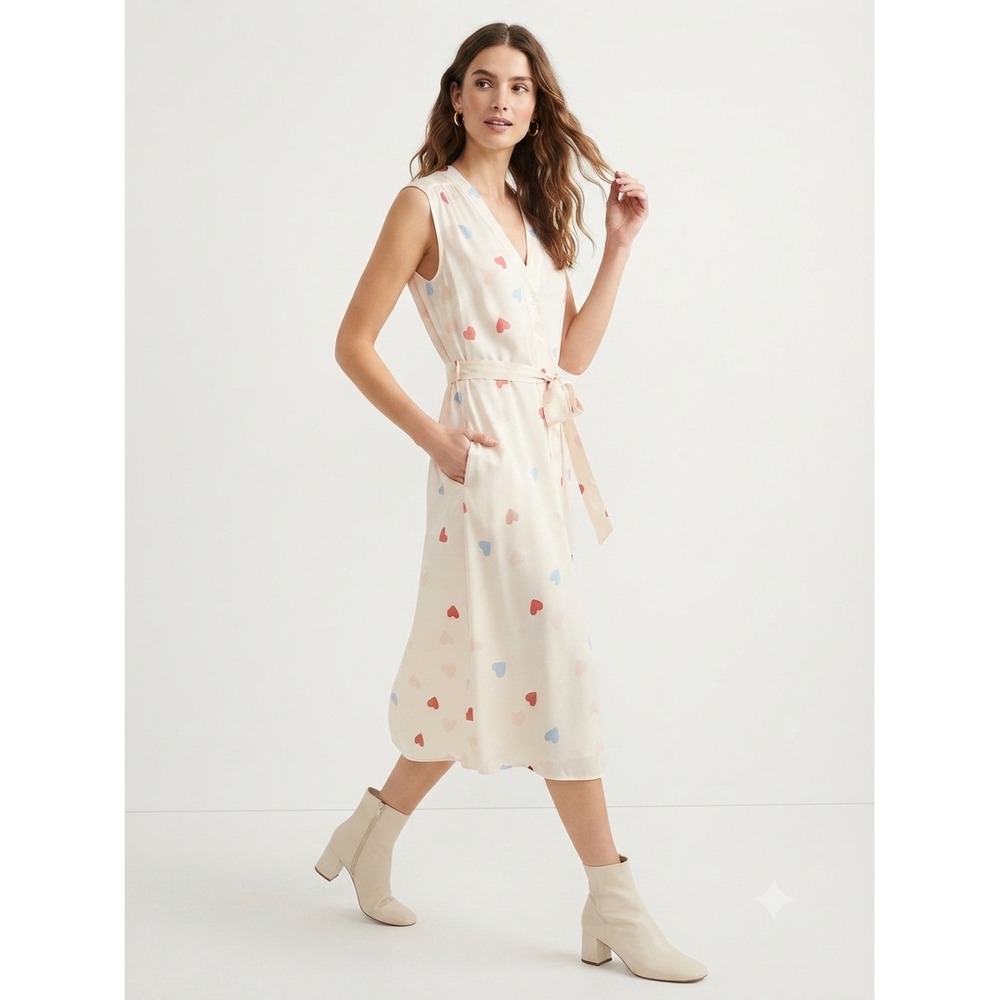 Tucker Heart Print Silk Blend Midi Dress Sleeveless V-Neck Belted Cream Small